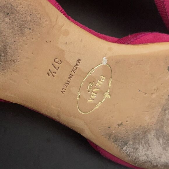 Prada Peep Toe Ballet Flats Women US 7.5 Pink Suede Bow Made in Italy 37.5 - Picture 9 of 11